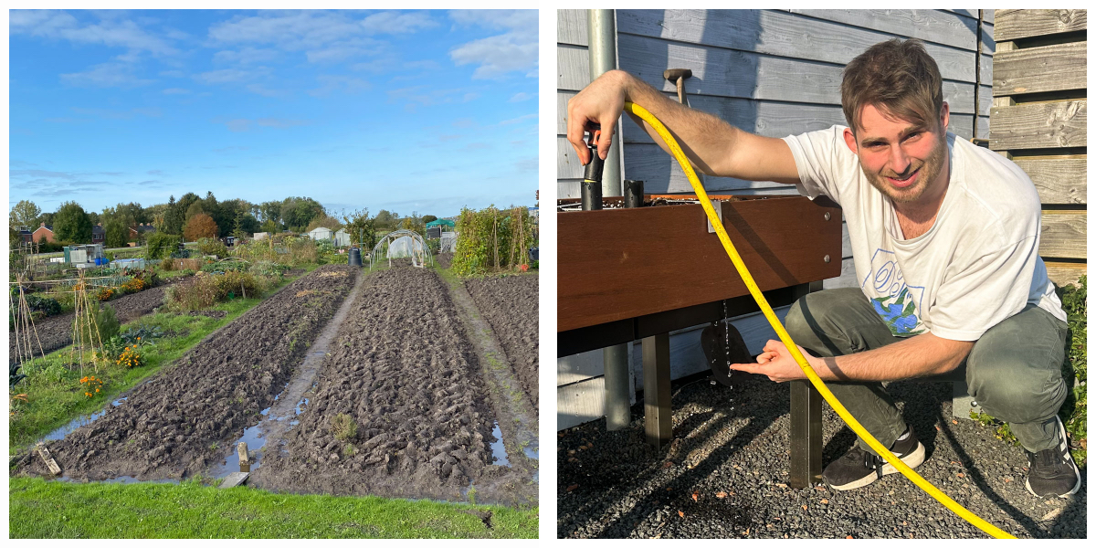 links: te natte grond in volkstuin, rechts: het Makkelijke Moestuinwaterreservoir wordt nooit te vol